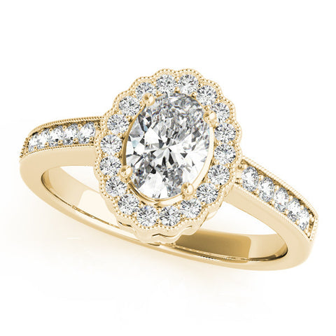 Yellow gold Oval Halo Diamond Ring with Pavé Band and Four-Prong Setting