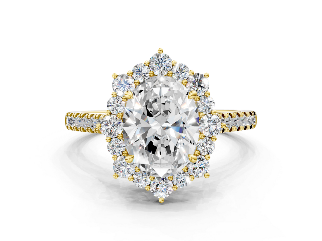 Yellow gold Oval Halo Diamond Ring with Pavé Band and Prong Setting_57