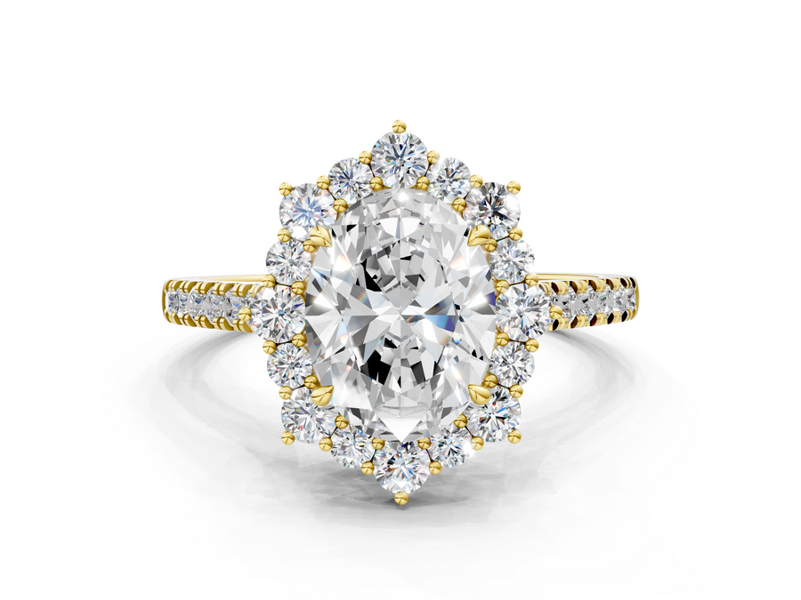 Yellow gold Oval Halo Diamond Ring with Pavé Band and Prong Setting