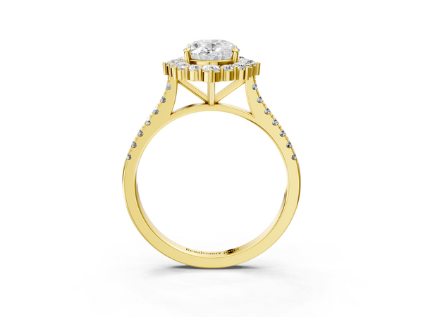 Yellow gold Oval Halo Diamond Ring with Pavé Band and Prong Setting