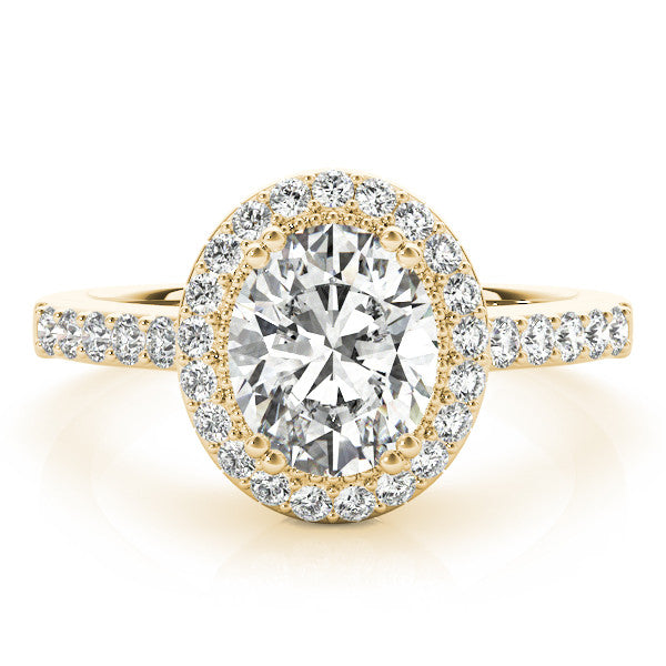 Yellow gold Oval Diamond Halo Ring with Pavé Band and Prong Setting