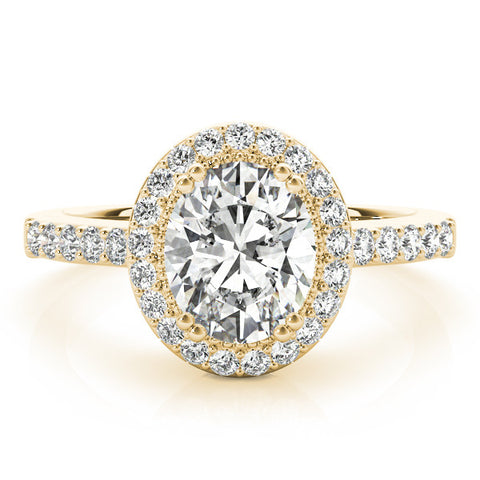 Yellow gold Oval Halo Diamond Ring with Pave Band and Four-Prong Setting 1