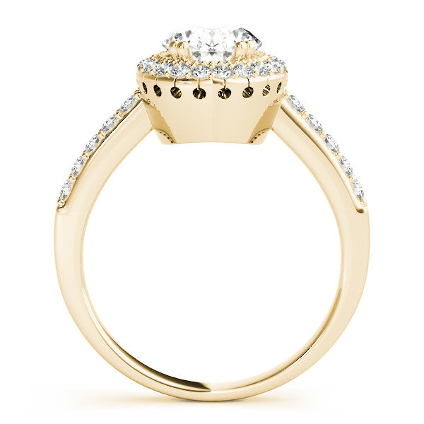 Yellow gold Oval Diamond Halo Ring with Pavé Band and Prong Setting
