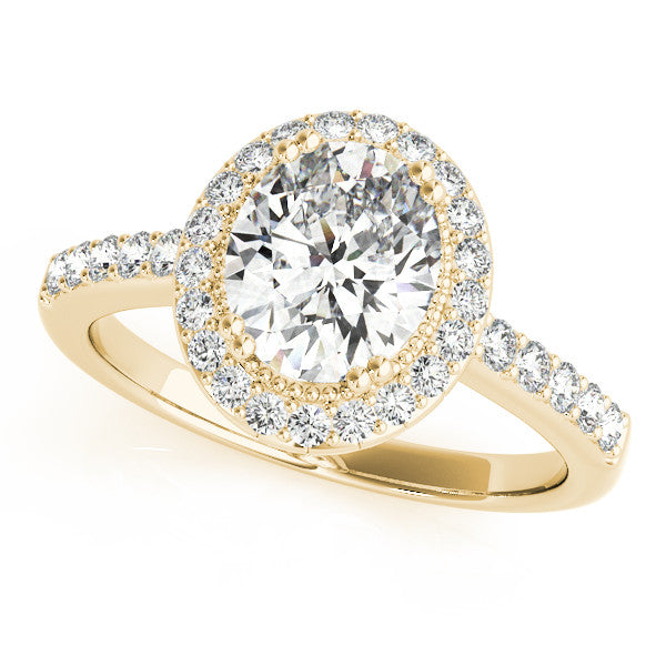 Yellow gold Oval Halo Diamond Ring with Pave Band and Four-Prong Setting