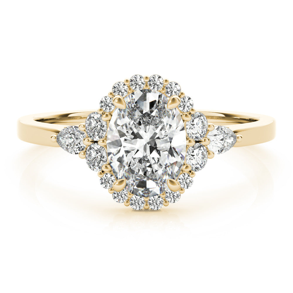 Yellow gold Oval Halo Diamond Ring with Pear Side Stones and Prong Setting on a Classic Band 1