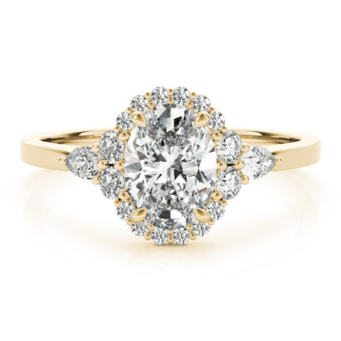 Yellow gold Oval Halo Diamond Ring with Pear Side Stones and Prong Setting on a Classic Band 1