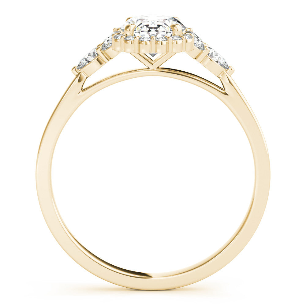 Yellow gold Oval Halo Diamond Ring with Pear Side Stones and Prong Setting on a Classic Band 2