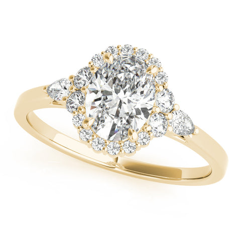 Yellow gold Oval Halo Diamond Ring with Pear Side Stones and Prong Setting on a Classic Band