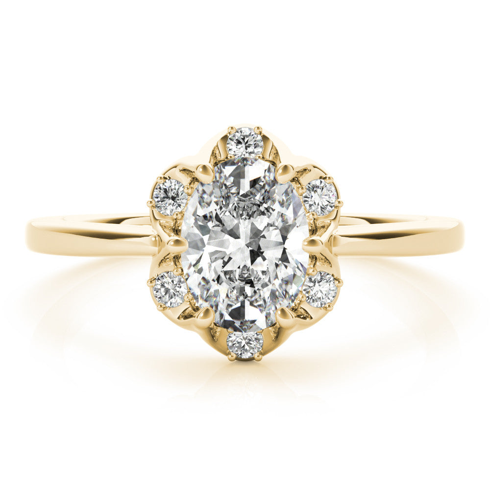 Yellow gold Oval Halo Diamond Ring with Round Cluster Setting, Solitaire Band, and Four-Prong Setting 1