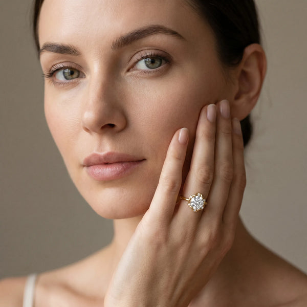 Yellow gold Oval Halo Diamond Ring with Round Cluster Setting, Solitaire Band, and Four-Prong Setting