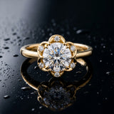 Yellow gold Oval Halo Diamond Ring with Round Cluster Setting, Solitaire Band, and Four-Prong Setting_15