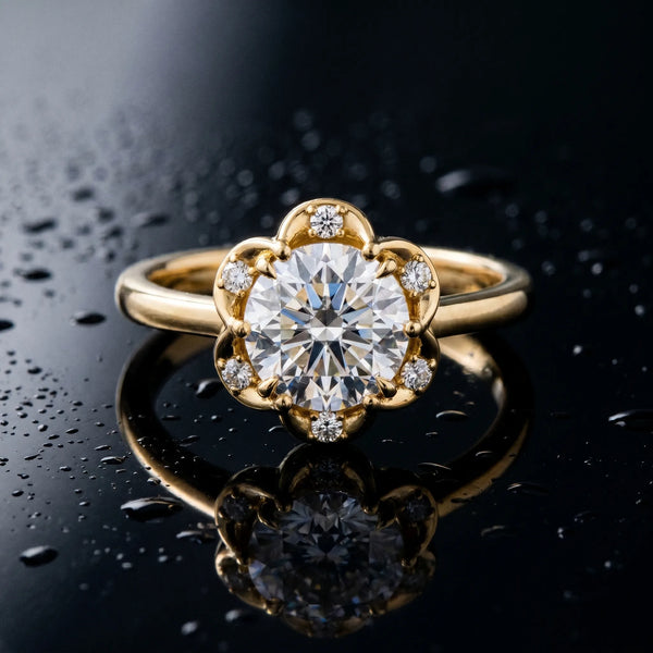 Yellow gold Oval Halo Diamond Ring with Round Cluster Setting, Solitaire Band, and Four-Prong Setting