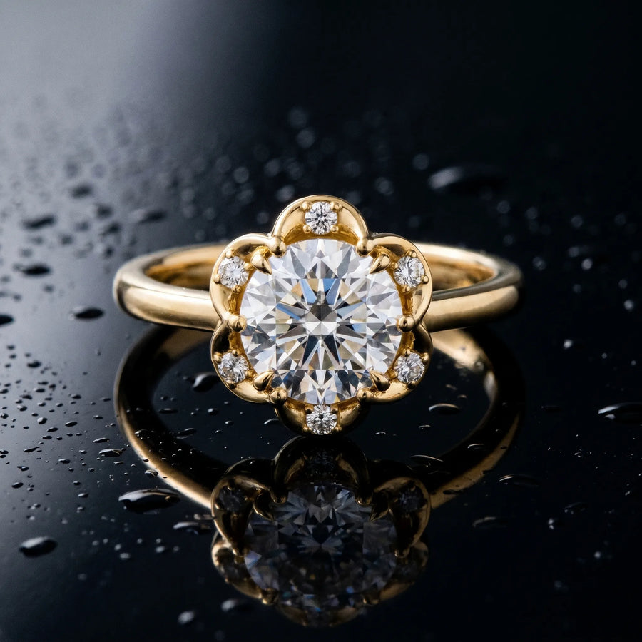 Yellow gold Oval Halo Diamond Ring with Round Cluster Setting, Solitaire Band, and Four-Prong Setting