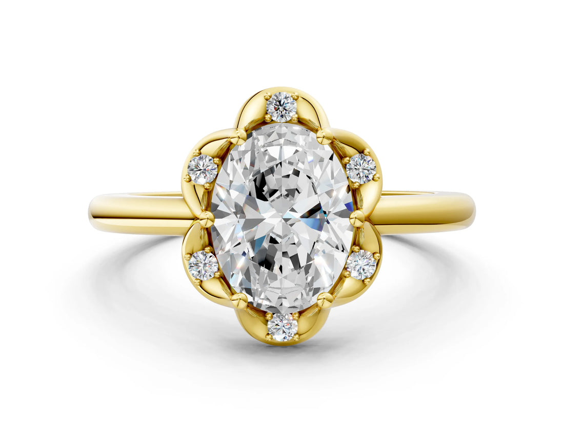 Yellow gold Oval Halo Diamond Ring with Round Cluster Setting, Solitaire Band, and Four-Prong Setting_53