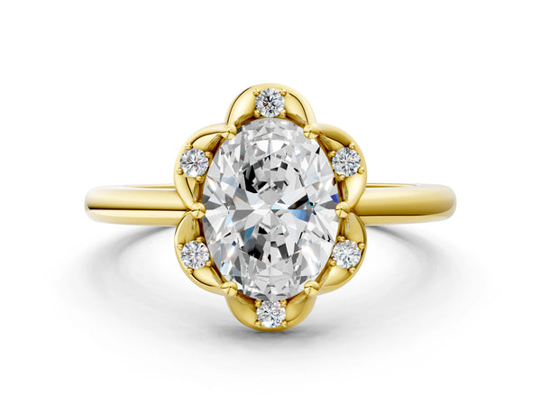 Yellow gold Oval Halo Diamond Ring with Round Cluster Setting, Solitaire Band, and Four-Prong Setting