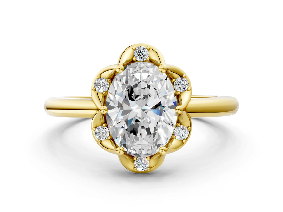 Yellow gold Oval Halo Diamond Ring with Round Cluster Setting, Solitaire Band, and Four-Prong Setting