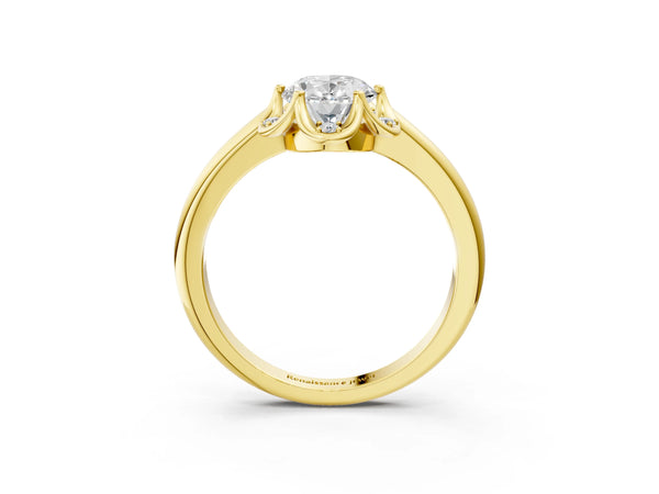 Yellow gold Oval Halo Diamond Ring with Round Cluster Setting, Solitaire Band, and Four-Prong Setting