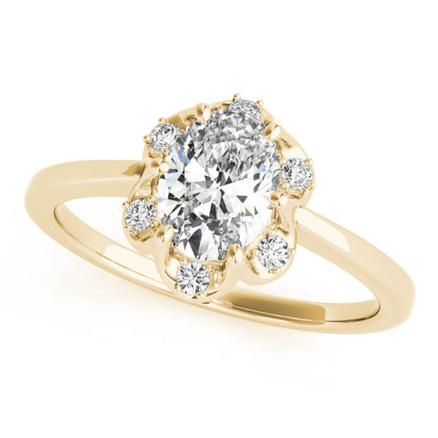 Yellow gold Oval Halo Diamond Ring with Round Cluster Setting, Solitaire Band, and Four-Prong Setting