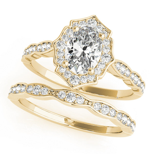 Yellow gold Oval Halo Diamond Ring with Scalloped Band and Four-Prong Setting 1