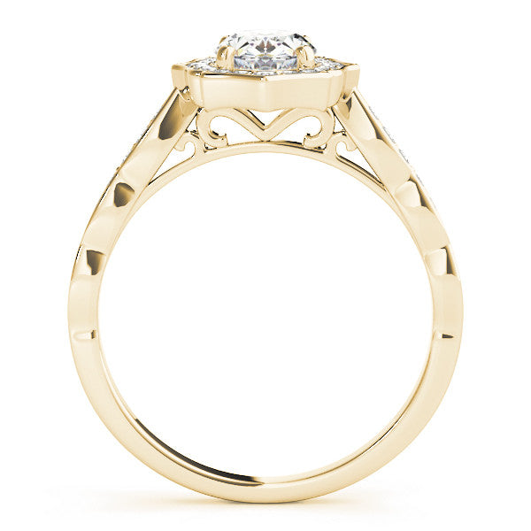 Yellow gold Oval Halo Diamond Ring with Scalloped Band and Four-Prong Setting 2