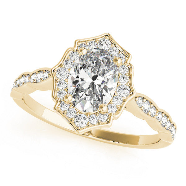 Yellow gold Oval Halo Diamond Ring with Scalloped Band and Four-Prong Setting