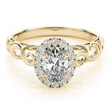 Yellow gold Oval Halo Diamond Ring with Scrollwork Band and Four-Prong Setting 1