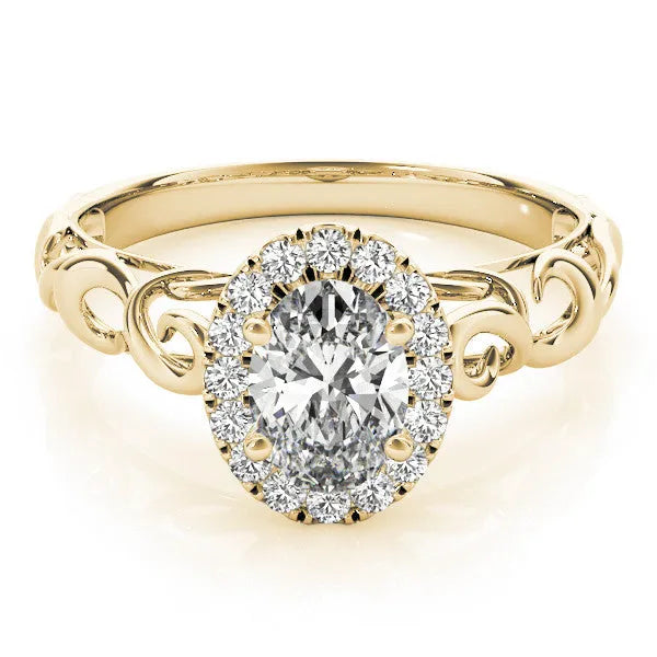 Yellow gold Oval Halo Diamond Ring with Scrollwork Band and Four-Prong Setting