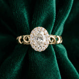 Yellow gold Oval Halo Diamond Ring with Scrollwork Band and Four-Prong Setting_9