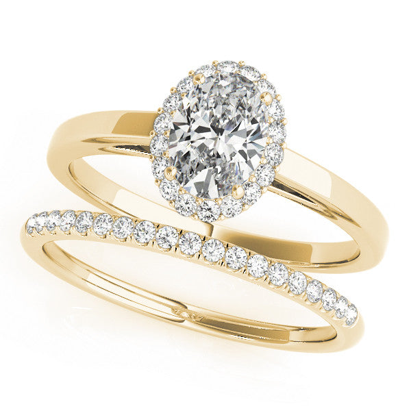 Yellow gold Oval Halo Diamond Ring with Solitaire Band and Prong Setting