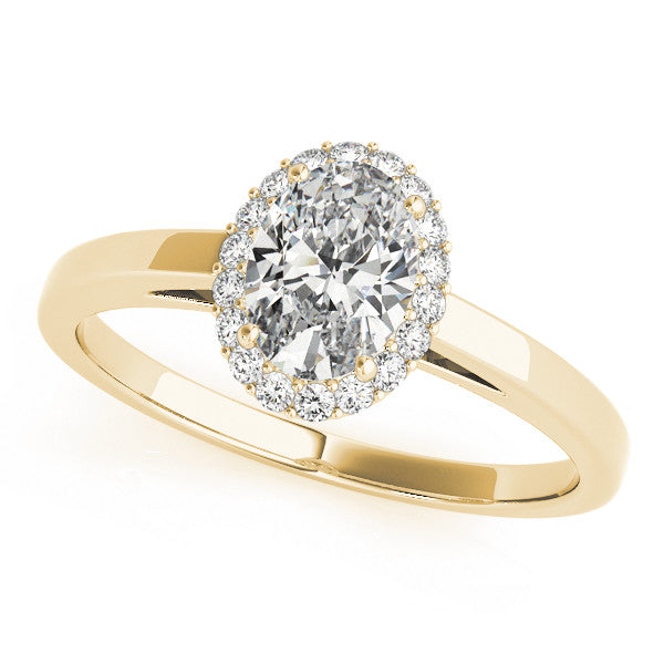 Yellow gold Oval Halo Diamond Ring with Solitaire Band and Prong Setting