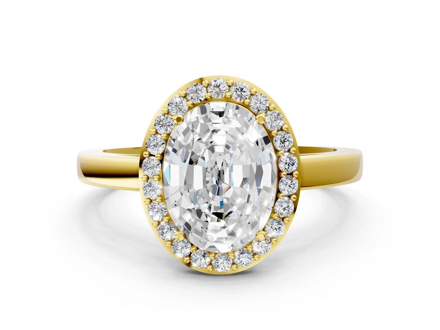 Yellow gold Oval Halo Diamond Ring with Solitaire Band and Prong Setting