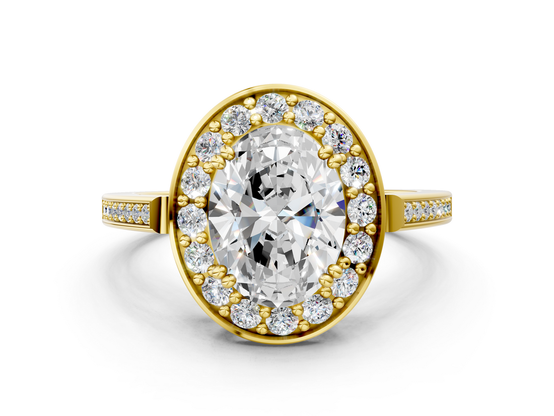 Yellow gold Oval Halo Diamond Ring with Split Shank and Four-Prong Setting_60