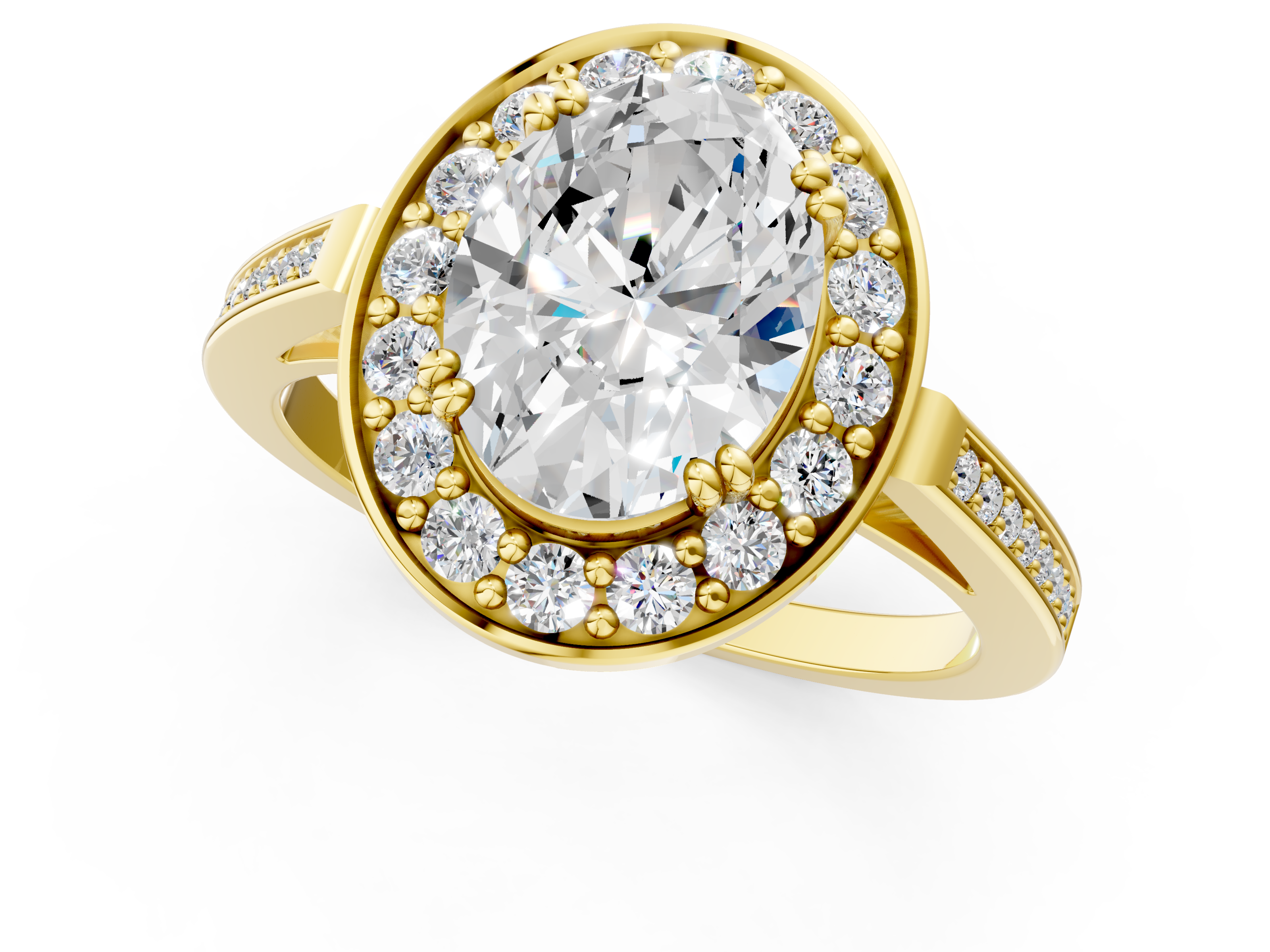 Yellow gold Oval Halo Diamond Ring with Split Shank and Four-Prong Setting_61