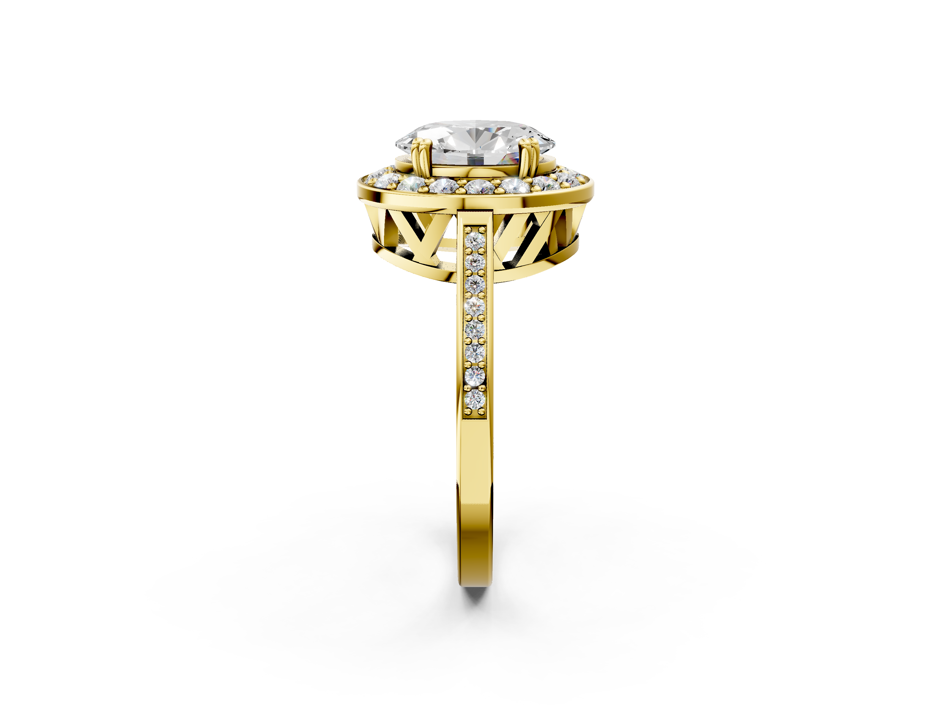 Yellow gold Oval Halo Diamond Ring with Split Shank and Four-Prong Setting_62