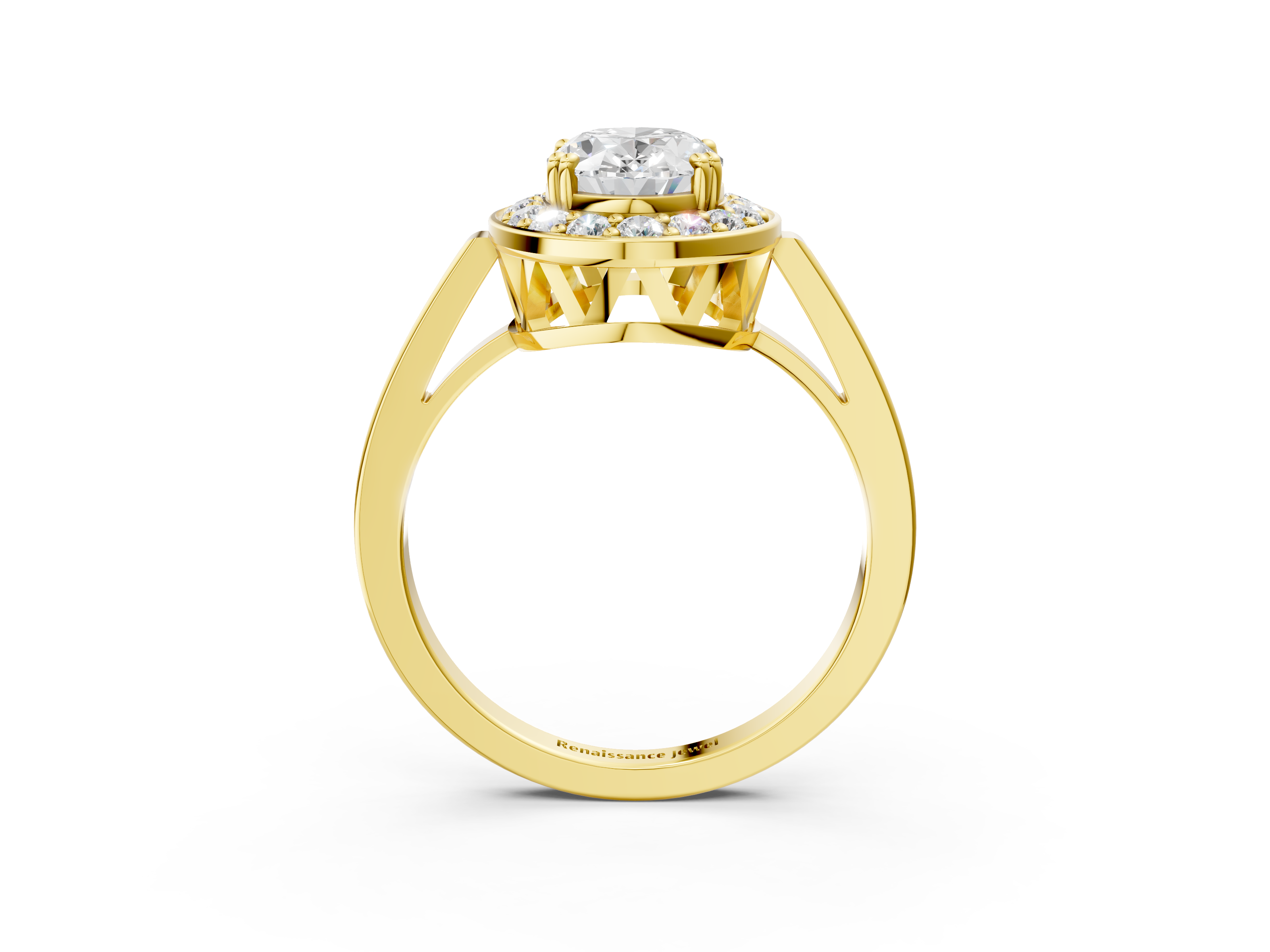 Yellow gold Oval Halo Diamond Ring with Split Shank and Four-Prong Setting_63