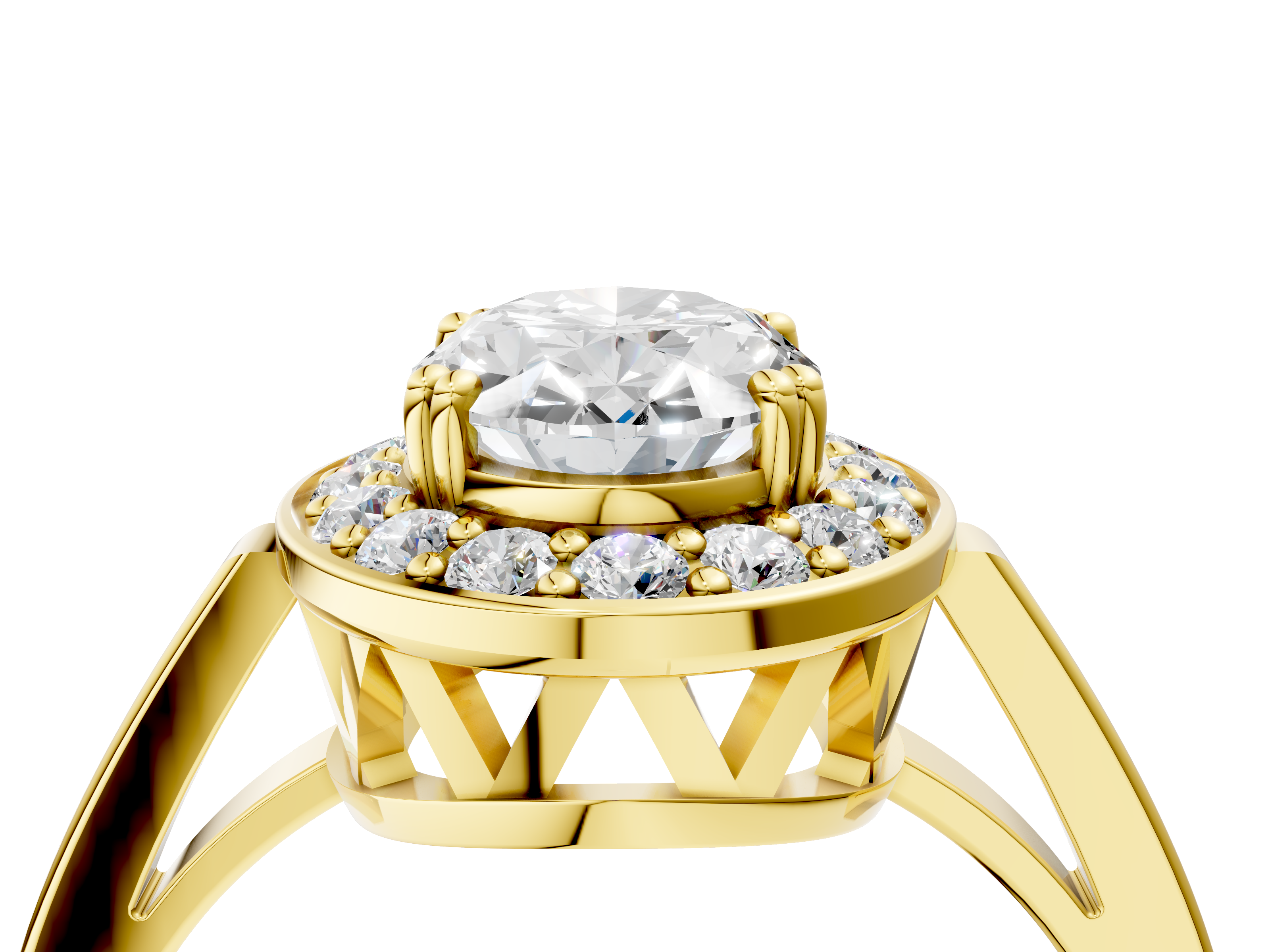 Yellow gold Oval Halo Diamond Ring with Split Shank and Four-Prong Setting_64
