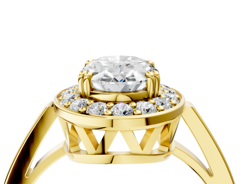 Yellow gold Oval Halo Diamond Ring with Split Shank and Four-Prong Setting_64
