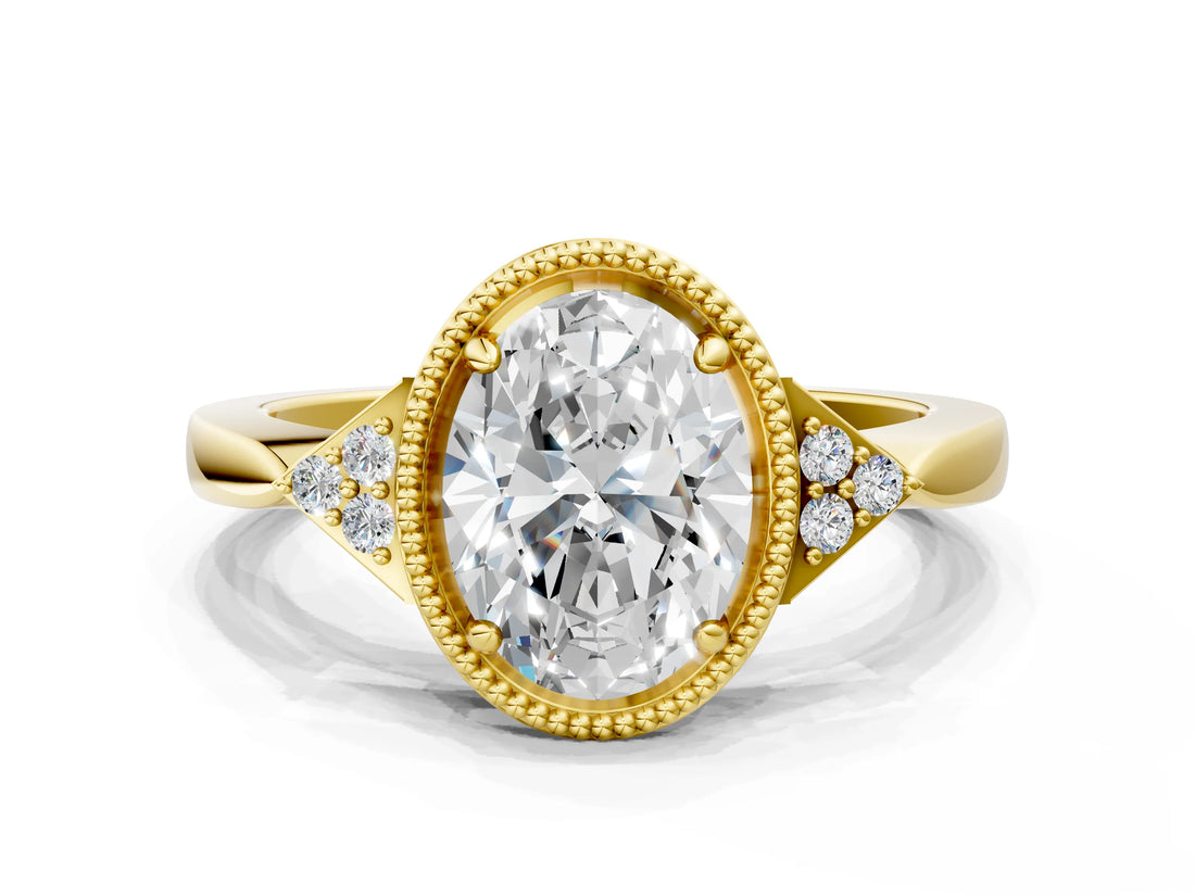 Yellow gold Oval Halo Diamond Ring with Tapered Band and Four-Prong Setting_32