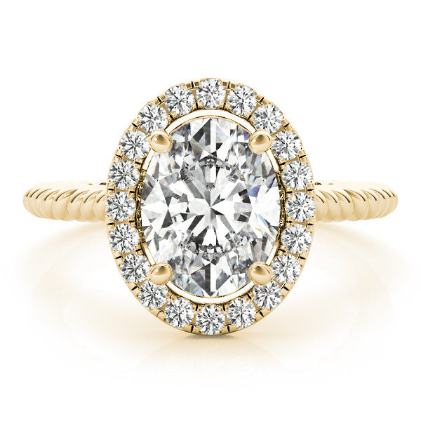 Yellow gold Oval Halo Diamond Ring with Twisted Band and Four-Prong Setting 1