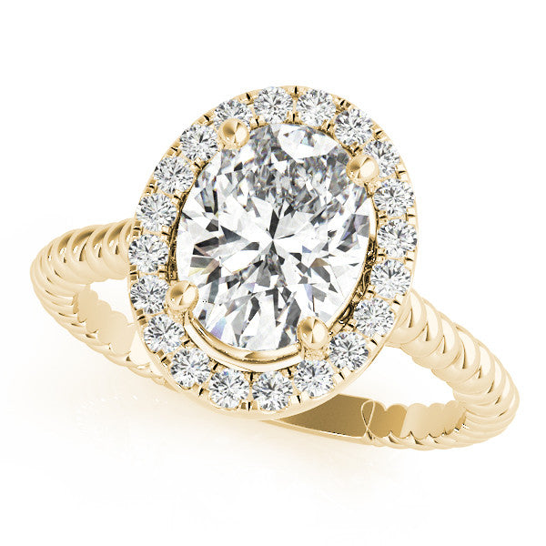Yellow gold Oval Halo Diamond Ring with Twisted Band and Four-Prong Setting