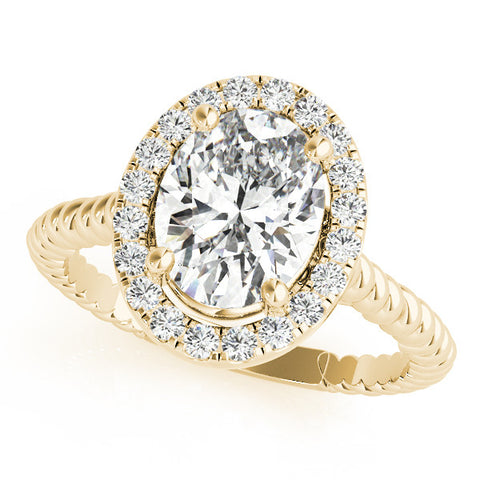 Yellow gold Oval Halo Diamond Ring with Twisted Band and Four-Prong Setting