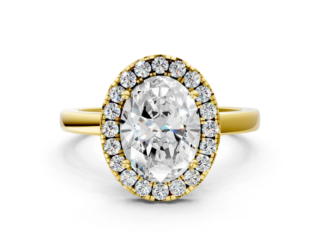 Yellow gold Oval Halo Diamond Solitaire with Pavé Band and Four-Prong Setting_90