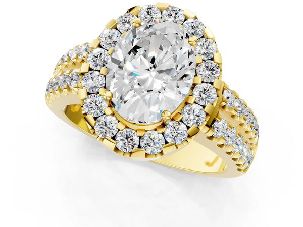 Yellow gold Oval Halo Diamond Split Shank Engagement Ring with Prong Setting
