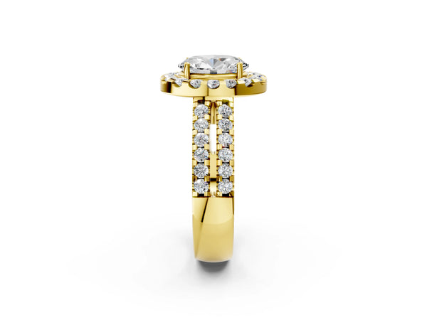 Yellow gold Oval Halo Diamond Split Shank Engagement Ring with Prong Setting