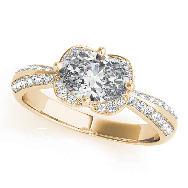 Yellow gold Oval Halo Diamond Split Shank Ring with Four-Prong Setting