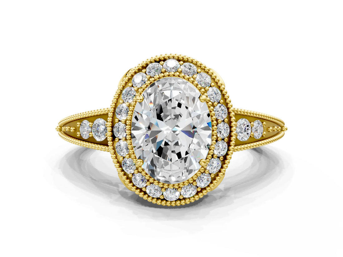 Yellow gold Oval Halo Diamond Split Shank Ring with Milgrain Detail_49