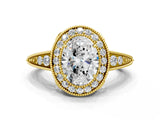 Yellow gold Oval Halo Diamond Split Shank Ring with Milgrain Detail_49