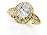 Yellow gold Oval Halo Diamond Split Shank Ring with Milgrain Detail_50