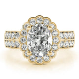 Yellow gold Oval Halo Diamond Split Shank Ring with Scalloped Prong Setting 1
