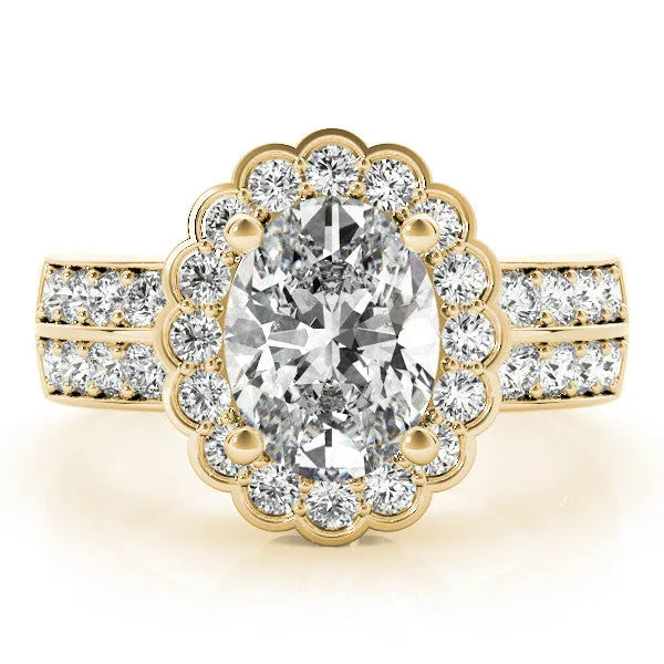 Yellow gold Radiant Cut Halo Diamond Split Shank Ring with Scalloped Prong Setting